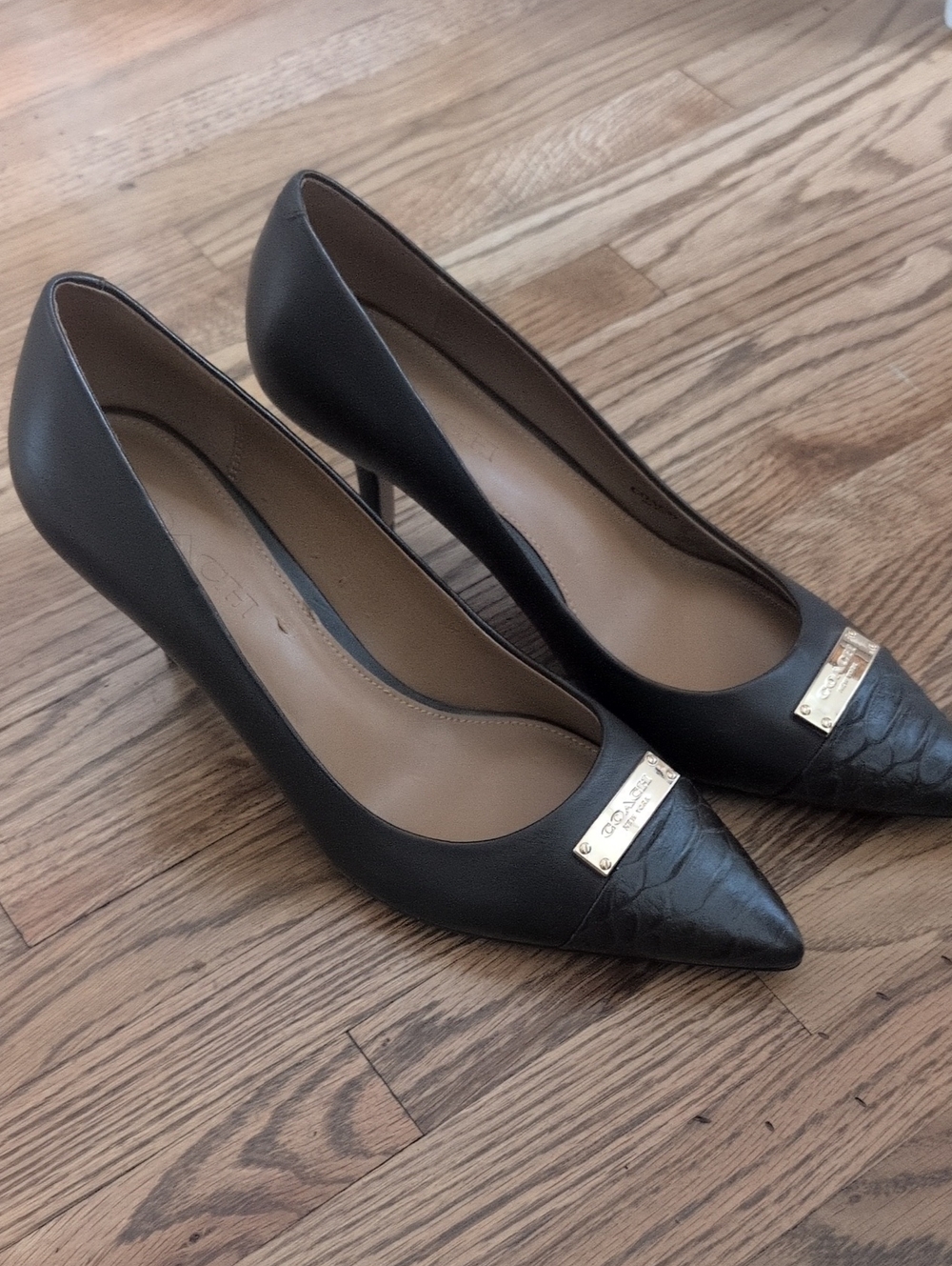 Coach Brown Pointed-Toe Pumps with Gold Plaque Logo Sz 8